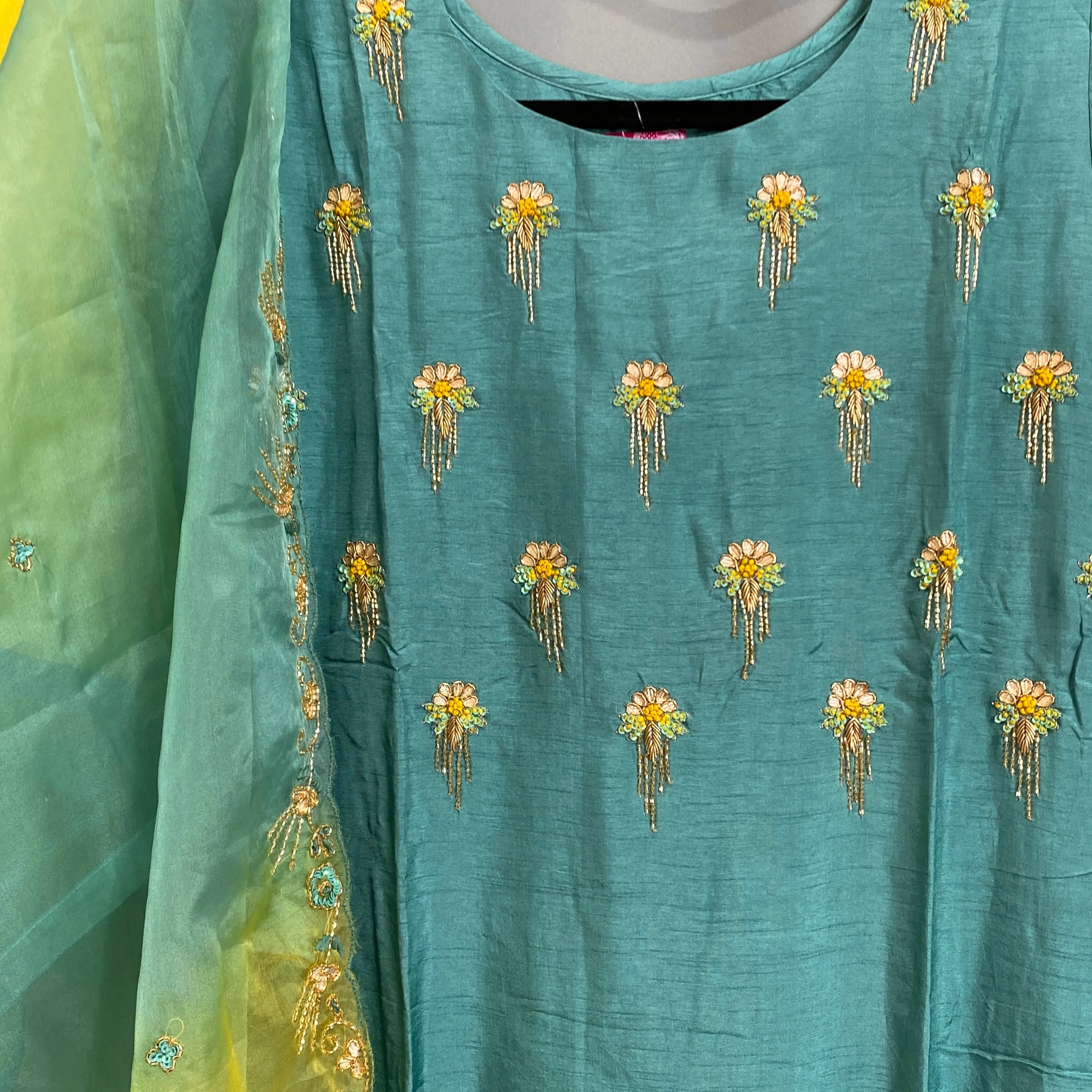 Green and Yellow Straight Kurti With Organza Dupatta