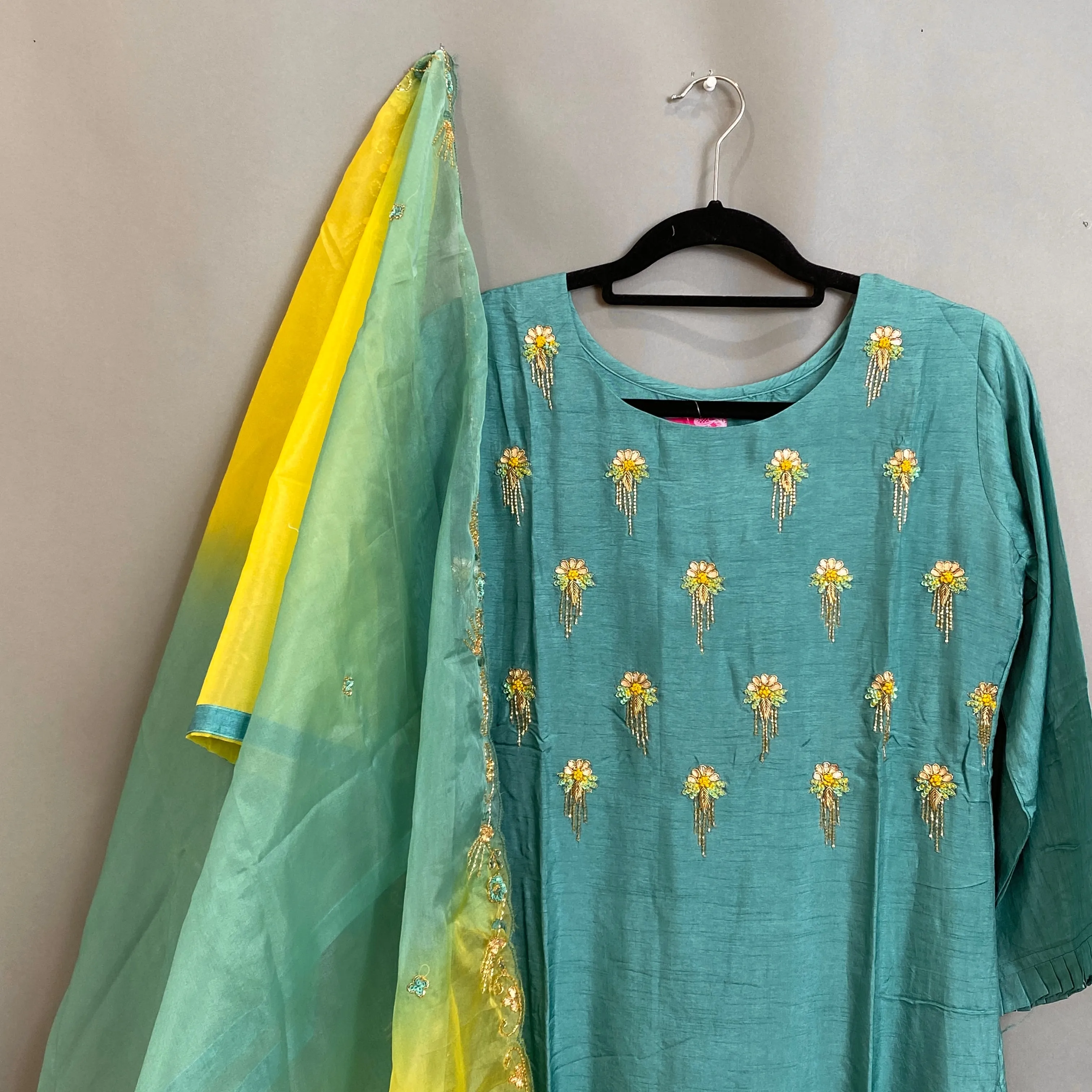 Green and Yellow Straight Kurti With Organza Dupatta
