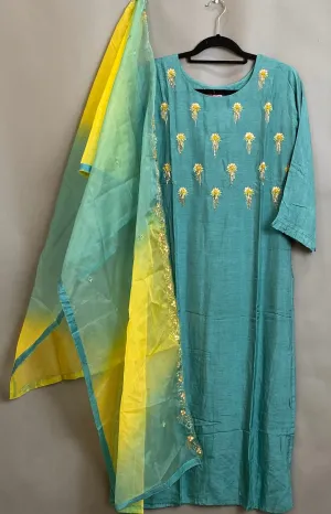 Green and Yellow Straight Kurti With Organza Dupatta