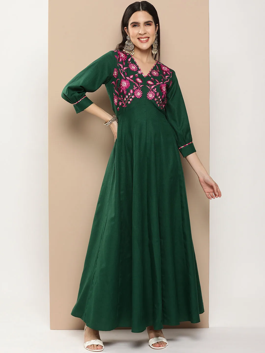 Green Embroidered Long Dress With Waist Belt
