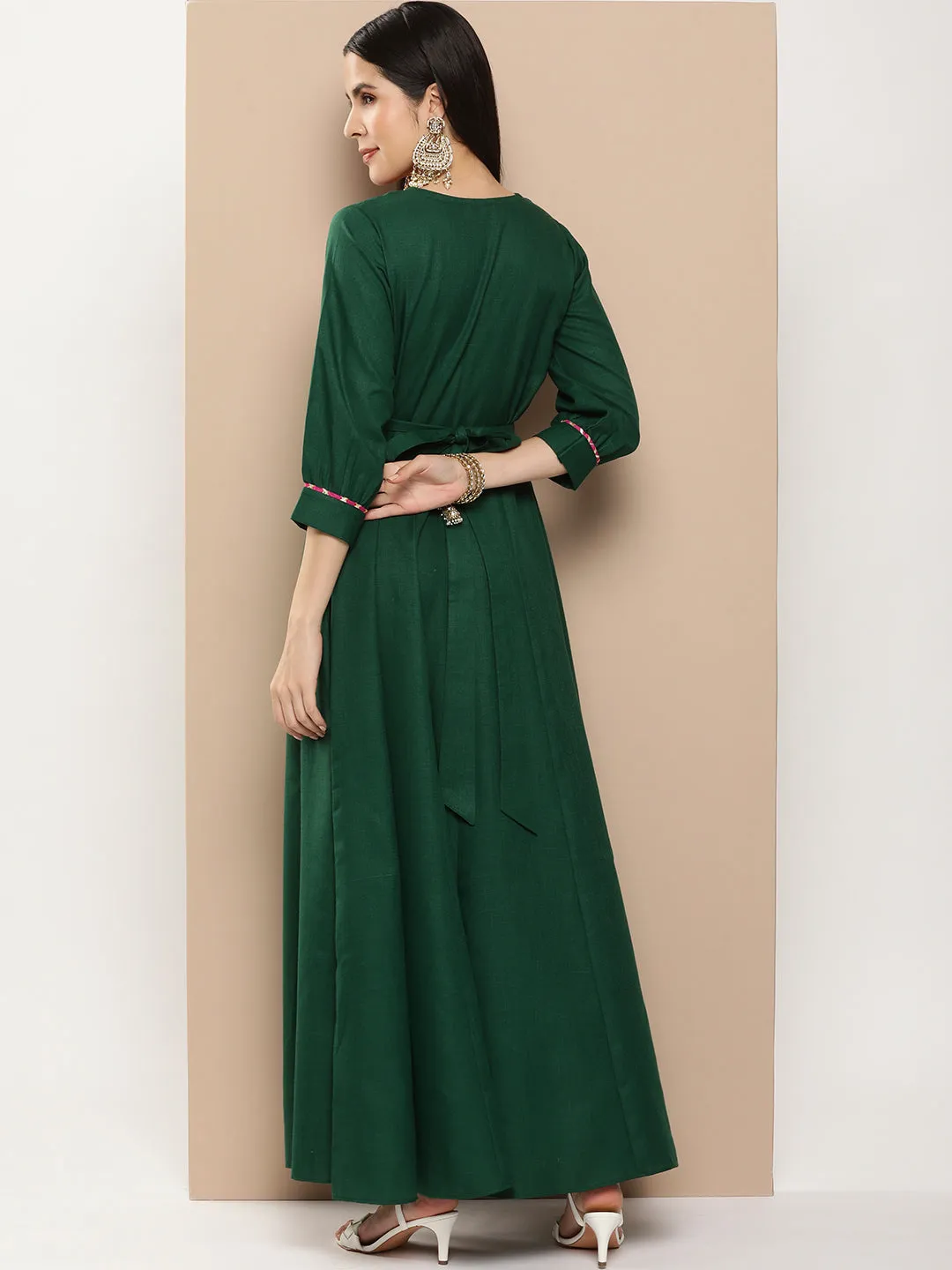Green Embroidered Long Dress With Waist Belt