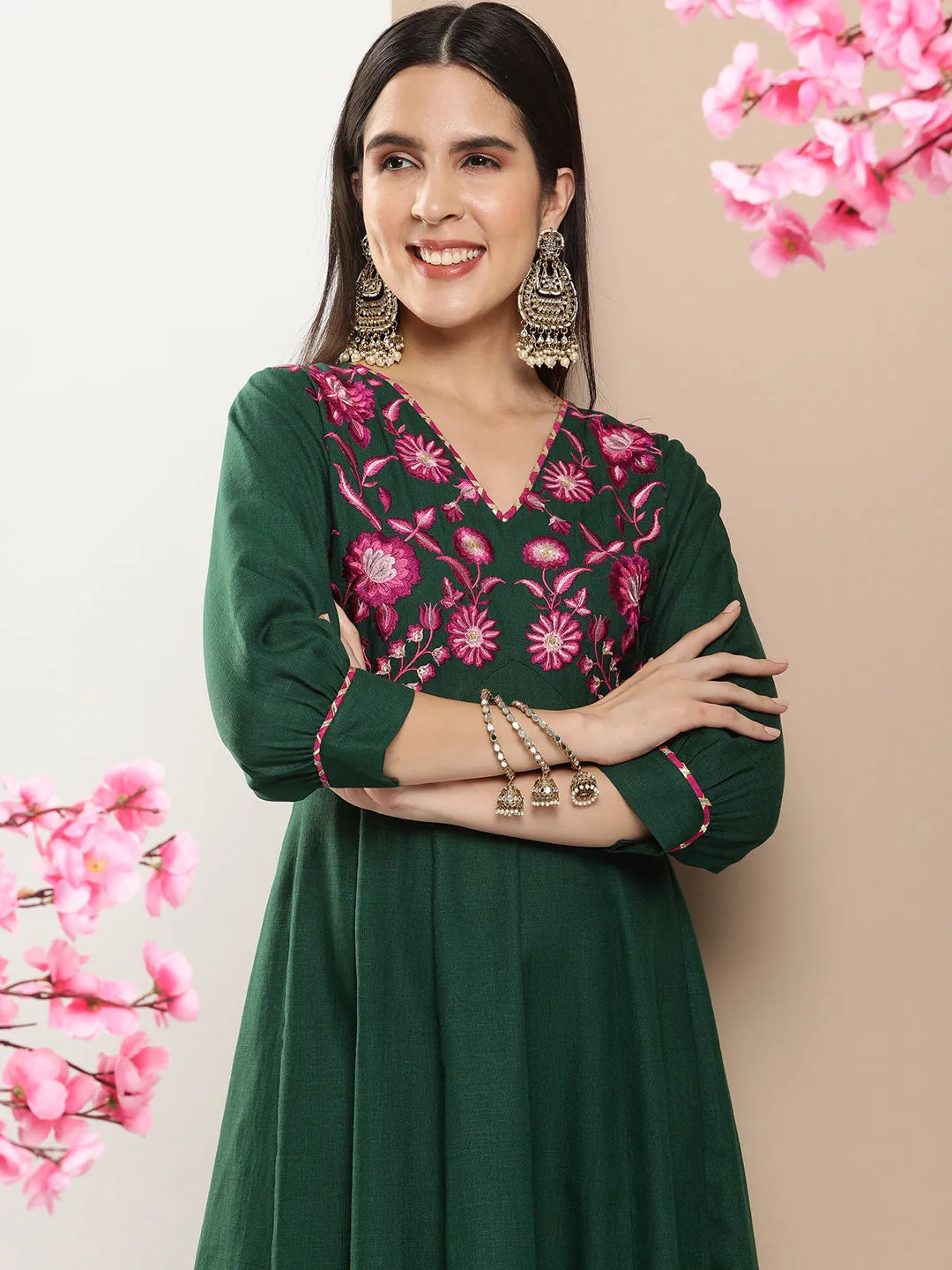 Green Embroidered Long Dress With Waist Belt