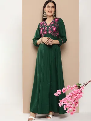 Green Embroidered Long Dress With Waist Belt
