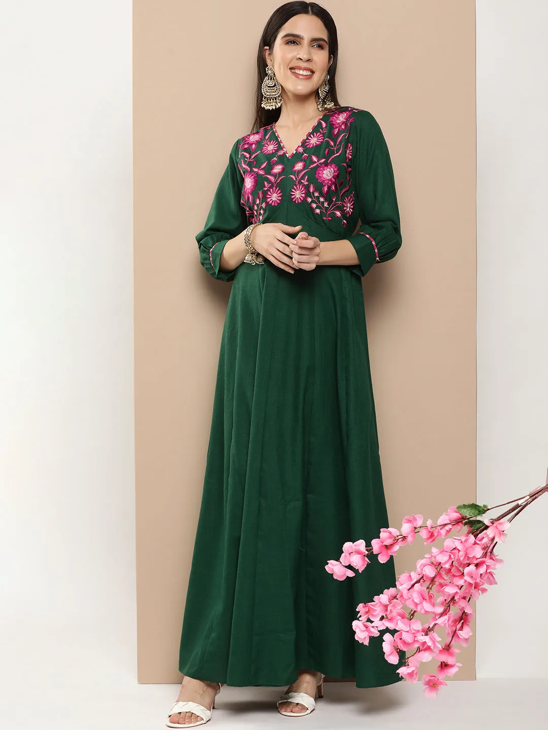 Green Embroidered Long Dress With Waist Belt