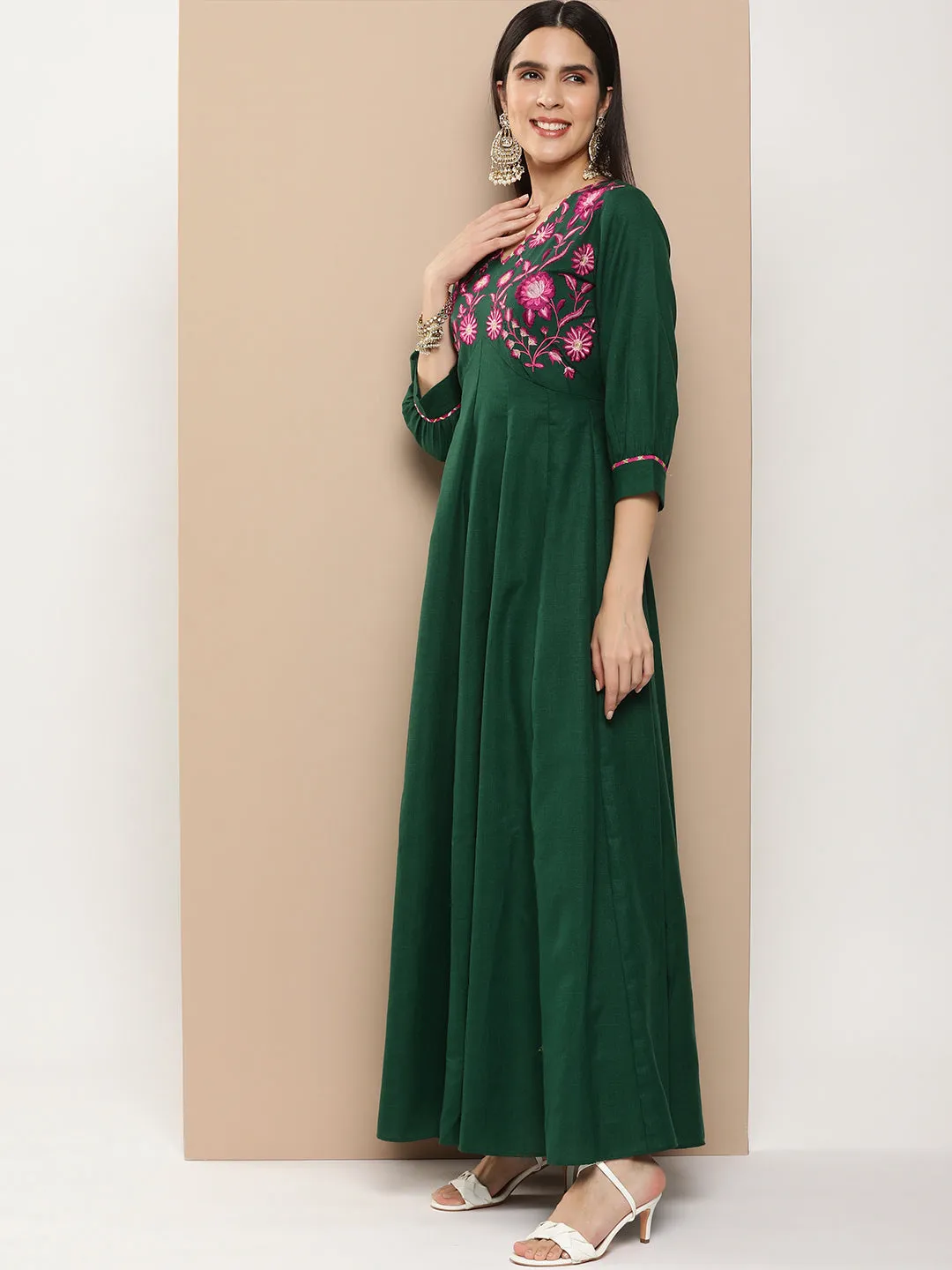 Green Embroidered Long Dress With Waist Belt