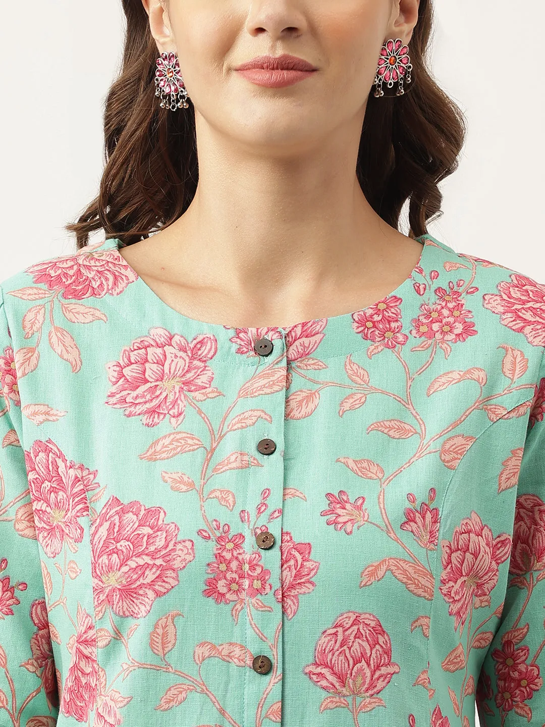 Green Floral Printed Cotton A-Line Kurta