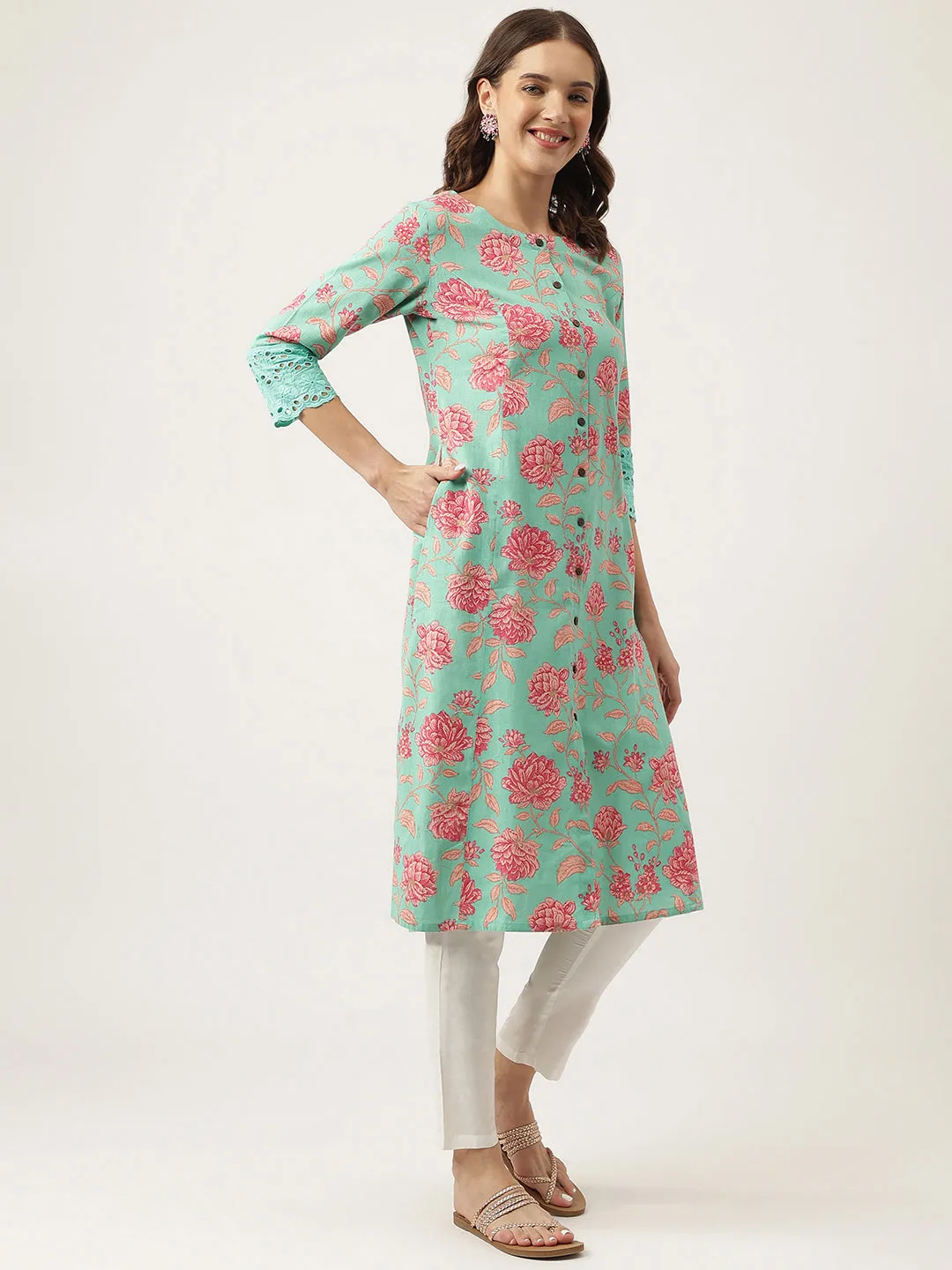 Green Floral Printed Cotton A-Line Kurta