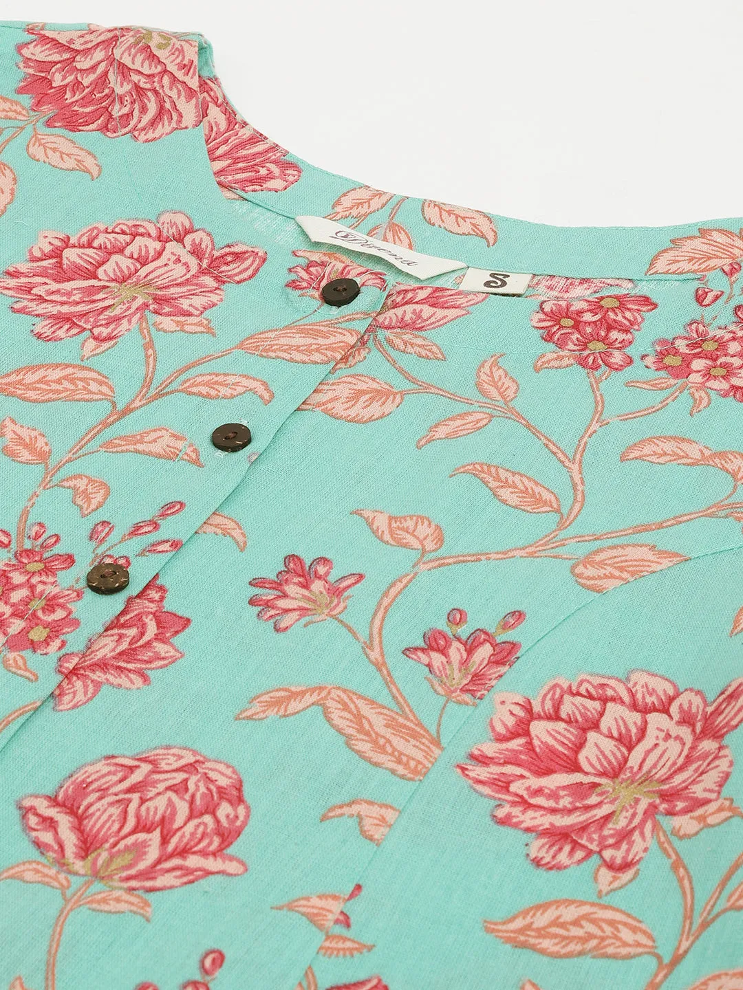 Green Floral Printed Cotton A-Line Kurta