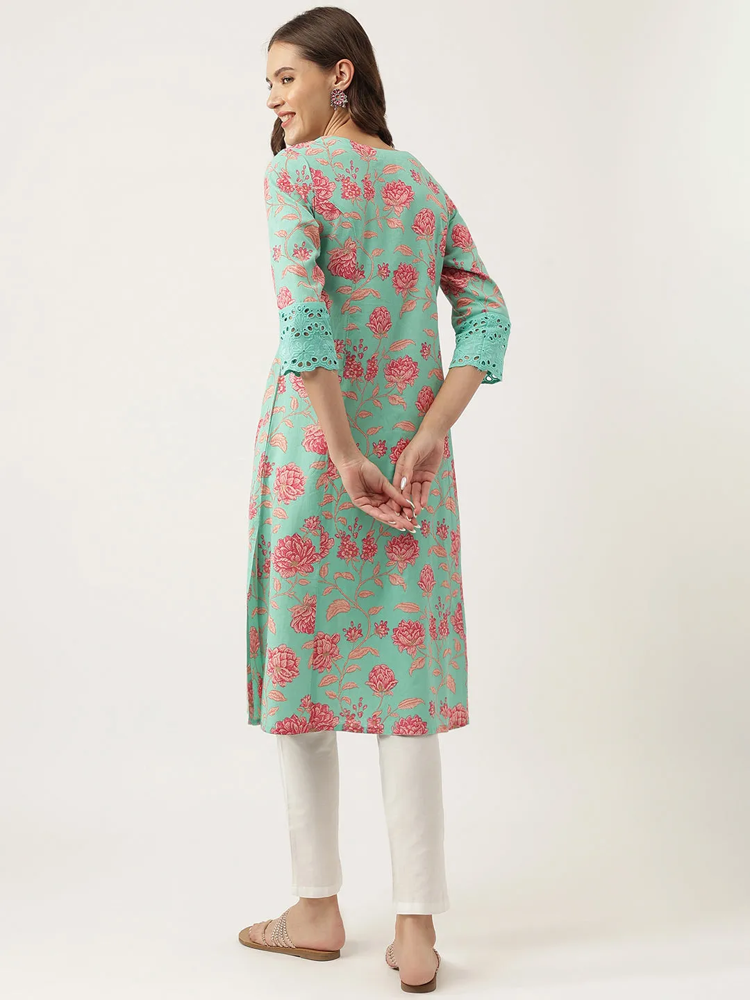 Green Floral Printed Cotton A-Line Kurta