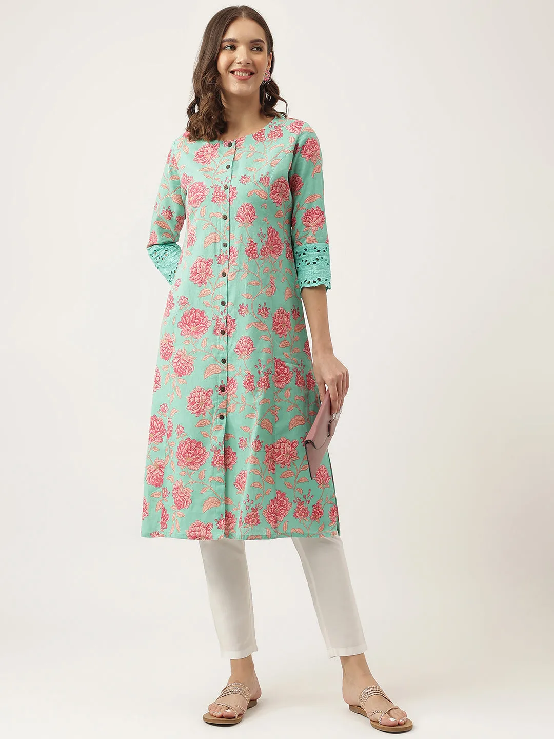 Green Floral Printed Cotton A-Line Kurta
