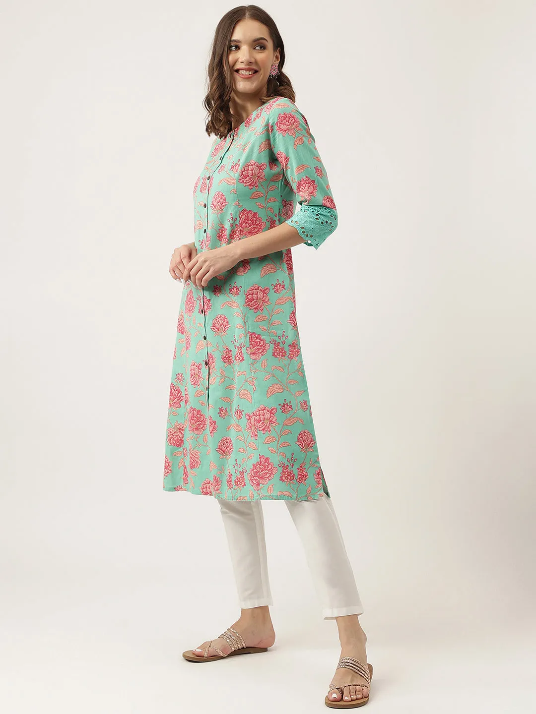 Green Floral Printed Cotton A-Line Kurta