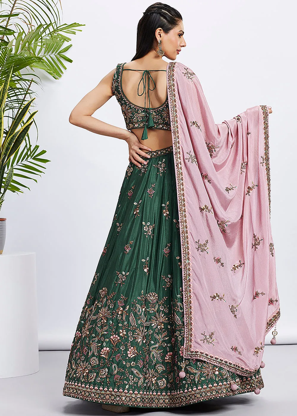Green Pure Chiffon Sequins & Thread Designer Lehenga Choli