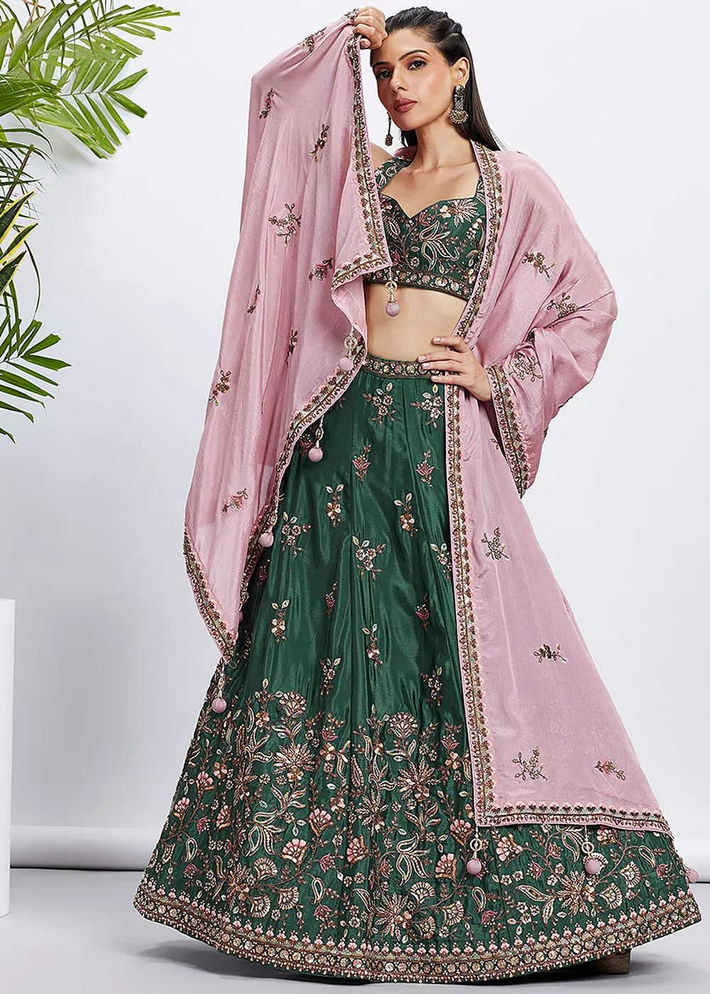 Green Pure Chiffon Sequins & Thread Designer Lehenga Choli
