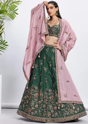 Green Pure Chiffon Sequins & Thread Designer Lehenga Choli