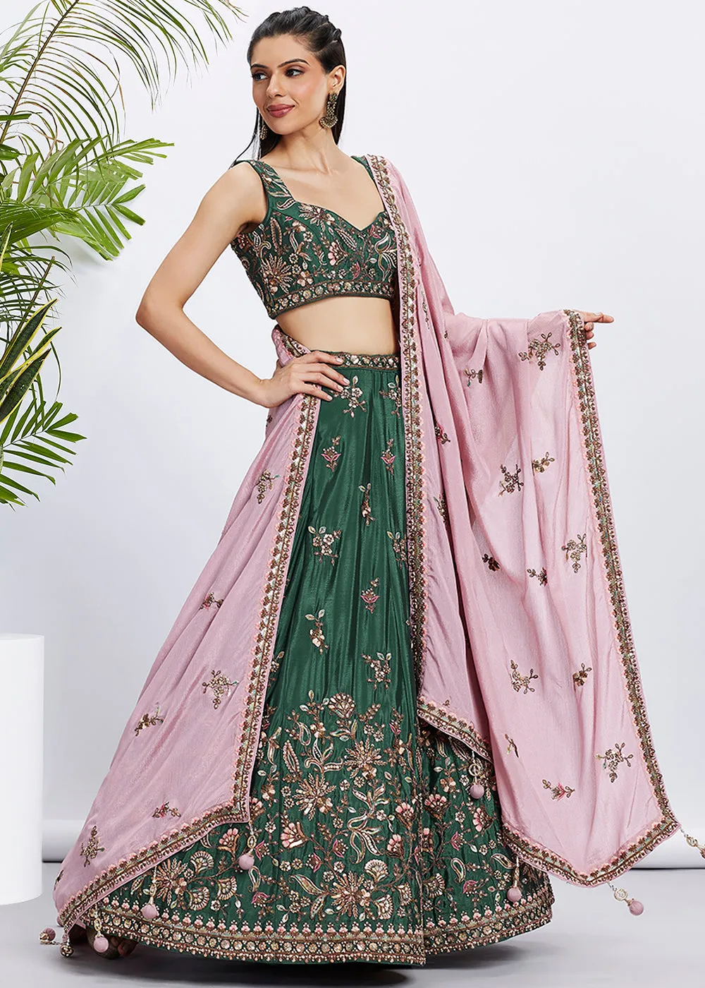 Green Pure Chiffon Sequins & Thread Designer Lehenga Choli