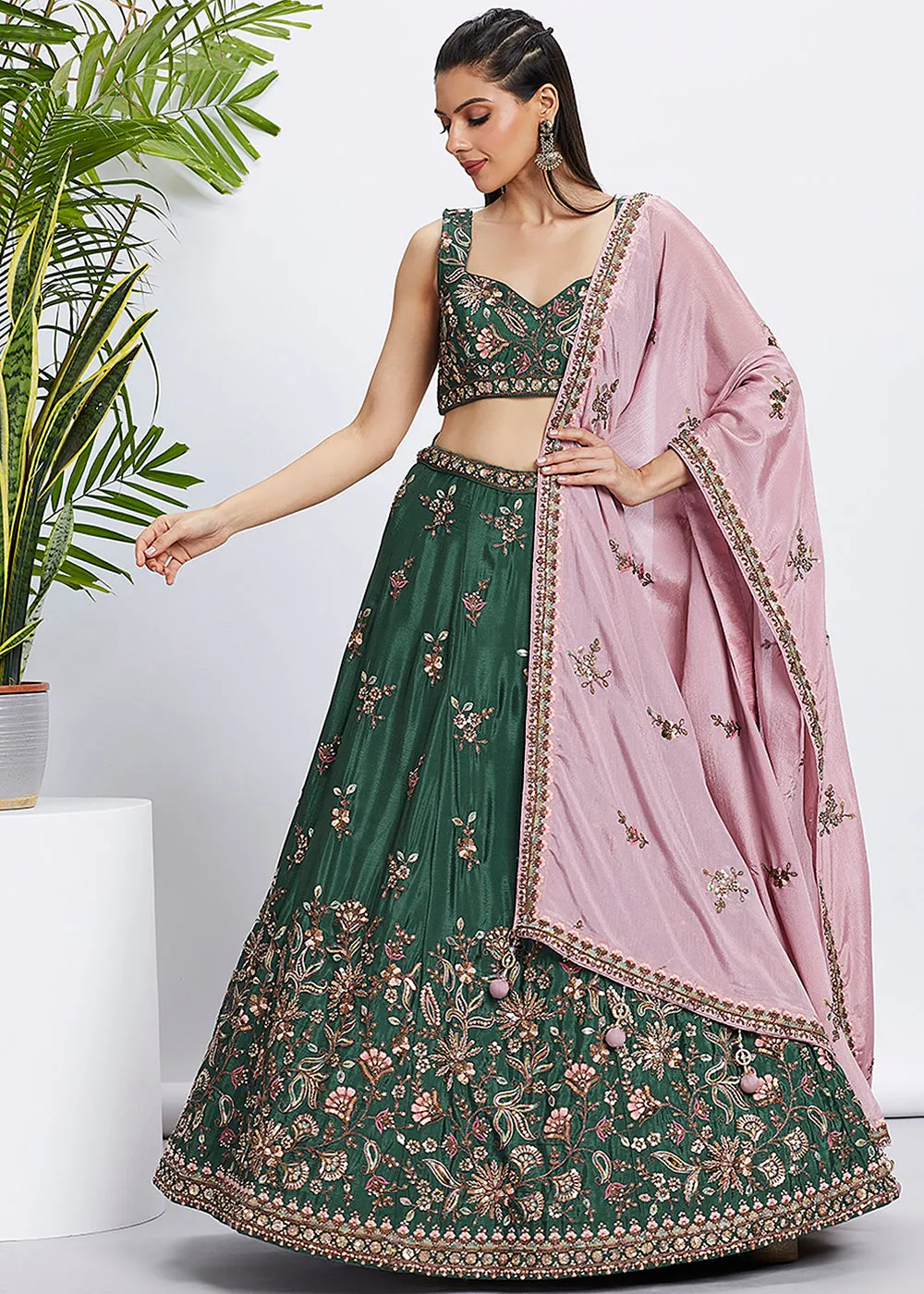 Green Pure Chiffon Sequins & Thread Designer Lehenga Choli