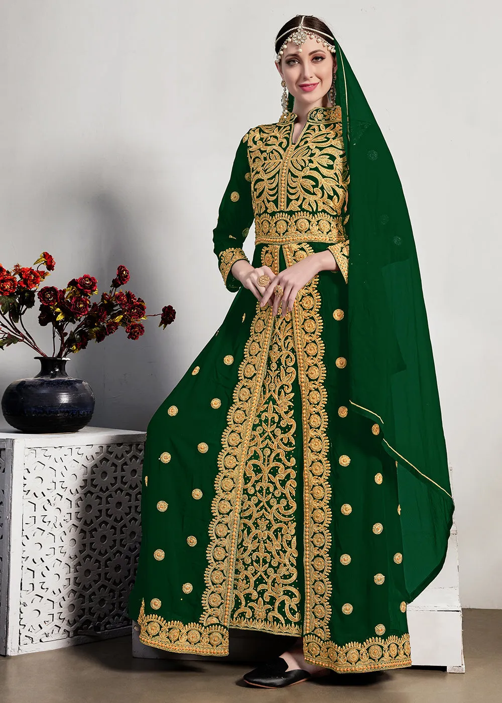 Green Stone & Mirror Work Embroidered Anarkali Suit