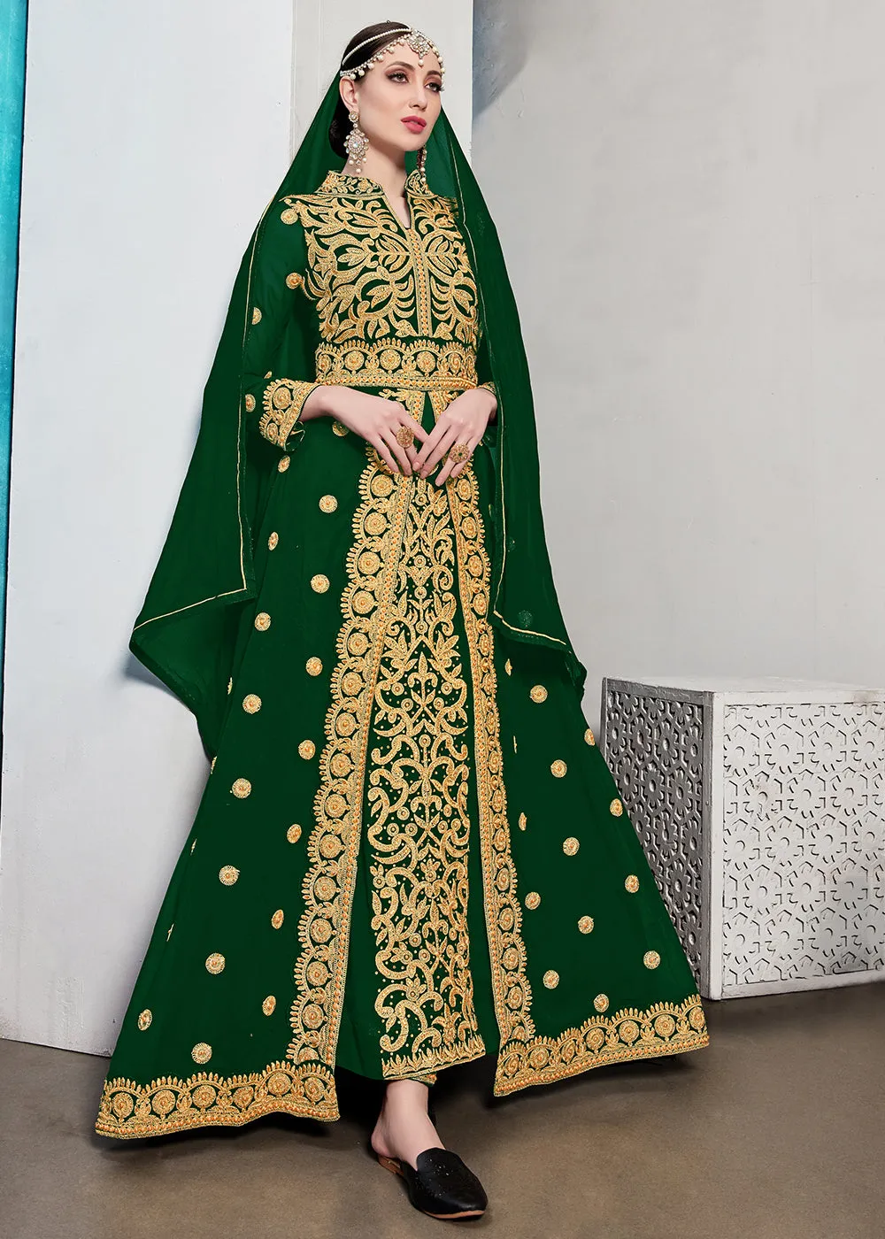 Green Stone & Mirror Work Embroidered Anarkali Suit