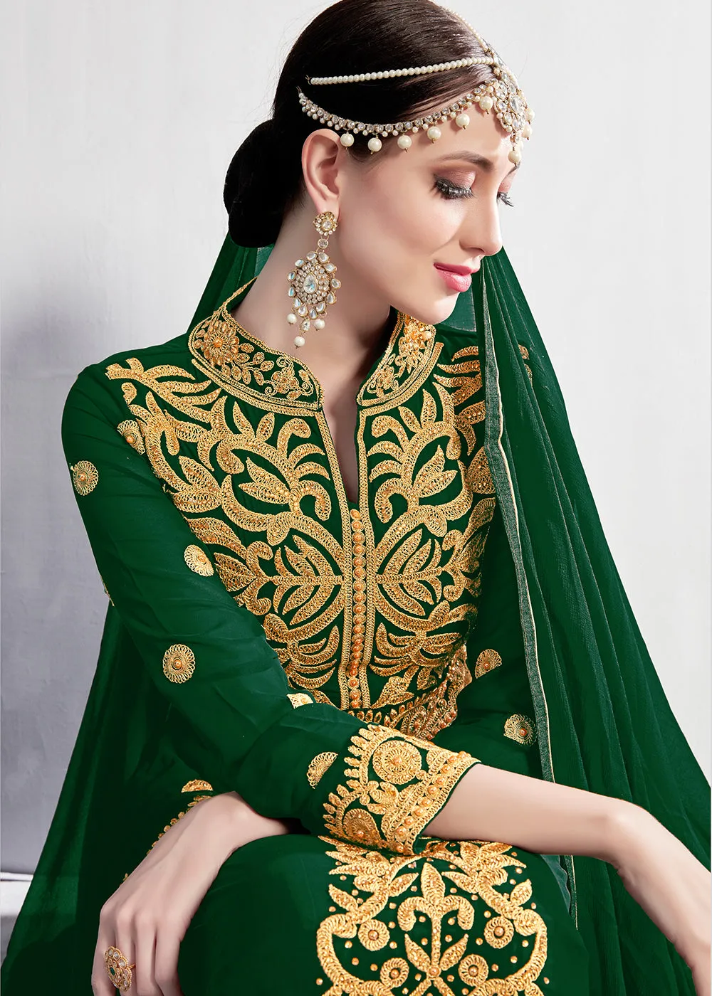 Green Stone & Mirror Work Embroidered Anarkali Suit