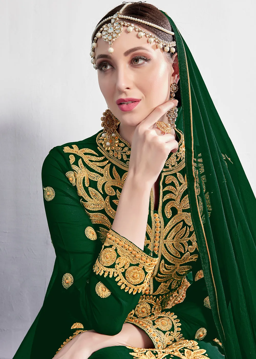 Green Stone & Mirror Work Embroidered Anarkali Suit