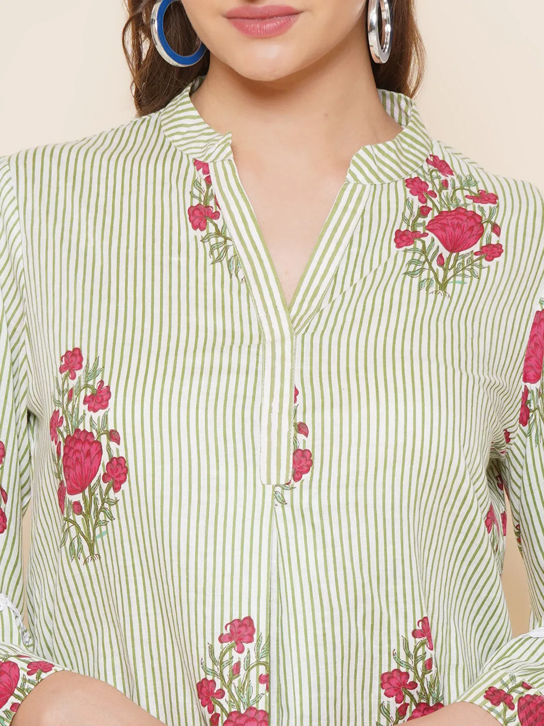 Green Stripe Floral Printed Shirt Style Top