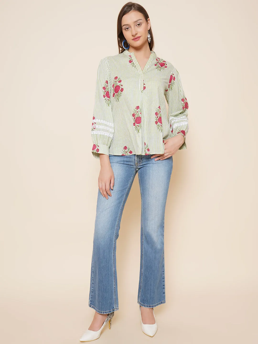 Green Stripe Floral Printed Shirt Style Top