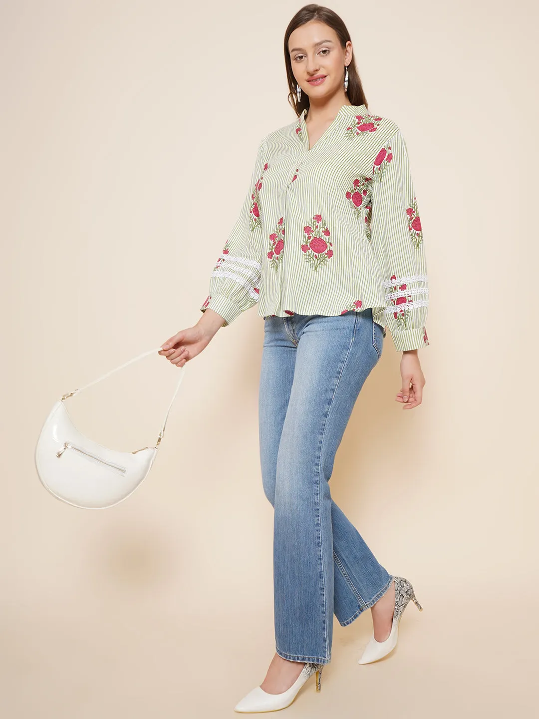 Green Stripe Floral Printed Shirt Style Top