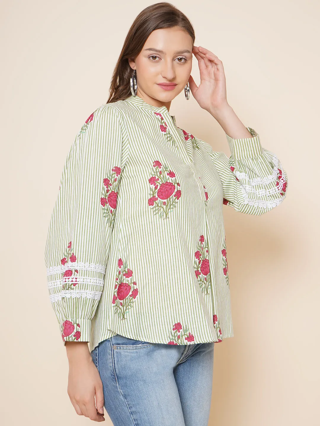 Green Stripe Floral Printed Shirt Style Top
