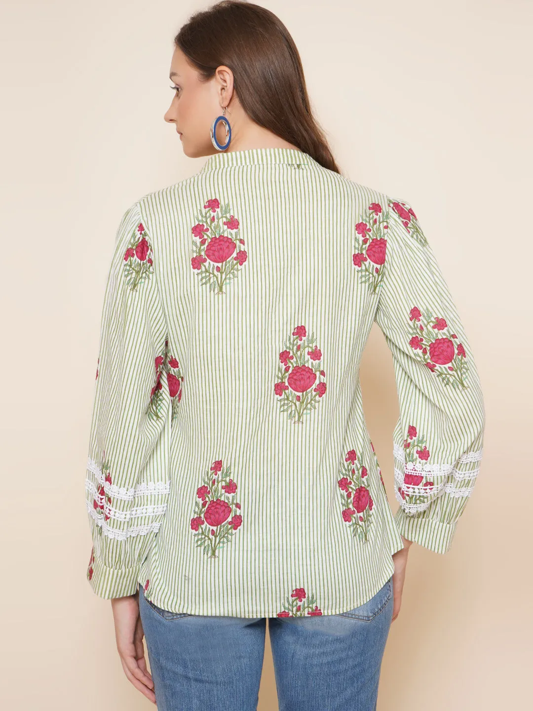 Green Stripe Floral Printed Shirt Style Top
