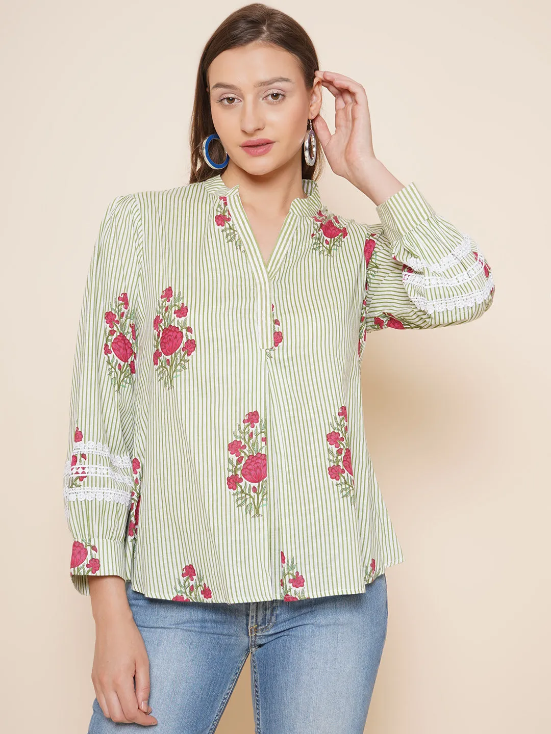 Green Stripe Floral Printed Shirt Style Top
