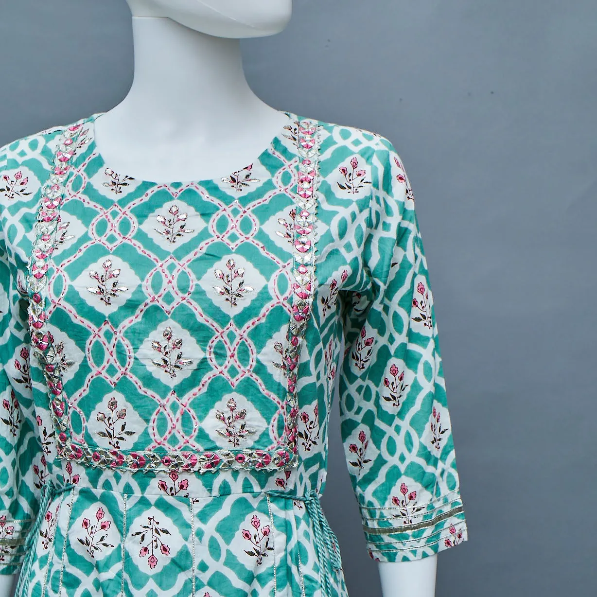 Green White Pink  A-Line Kurti