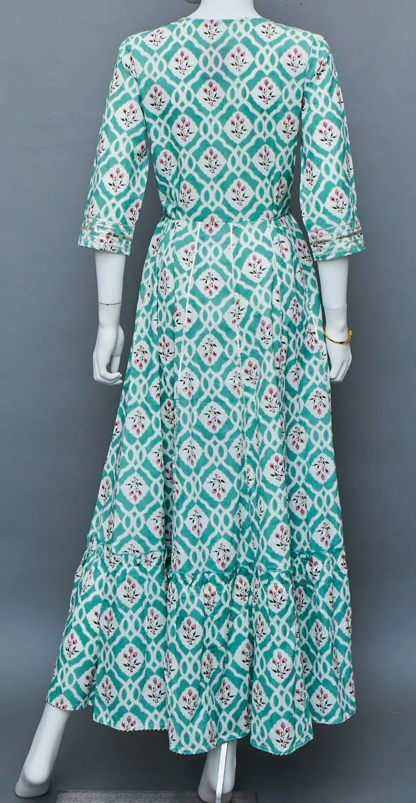 Green White Pink  A-Line Kurti