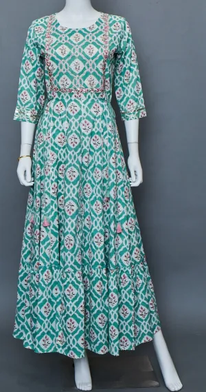 Green White Pink  A-Line Kurti