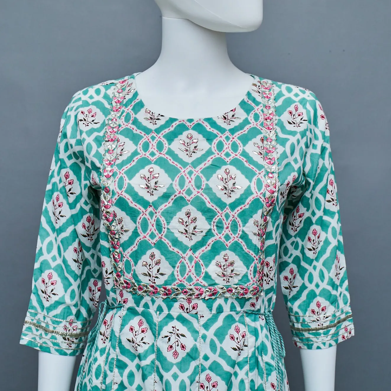 Green White Pink  A-Line Kurti