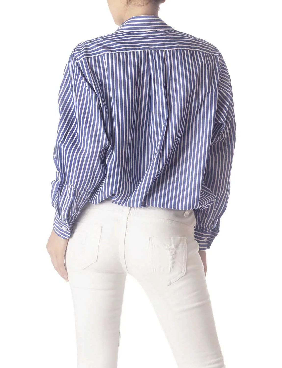 iB-iP Women's Navy Stripes Cotton Button Long Sleeve Shirt