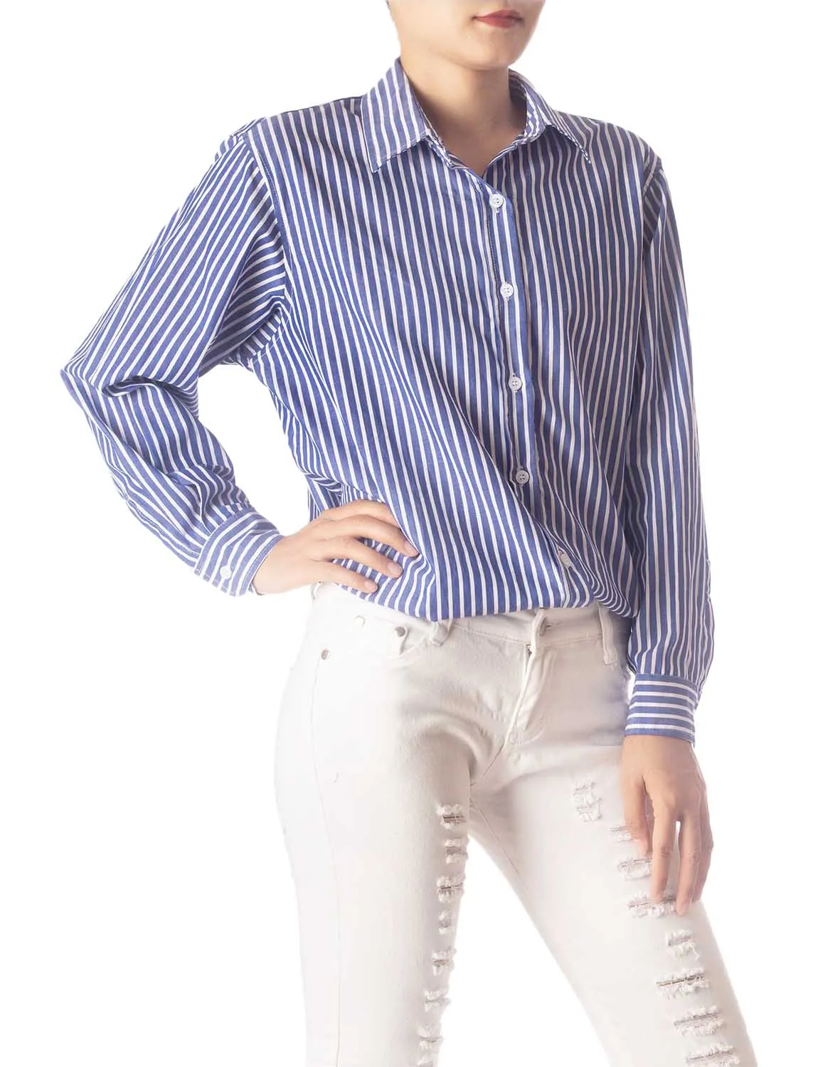 iB-iP Women's Navy Stripes Cotton Button Long Sleeve Shirt