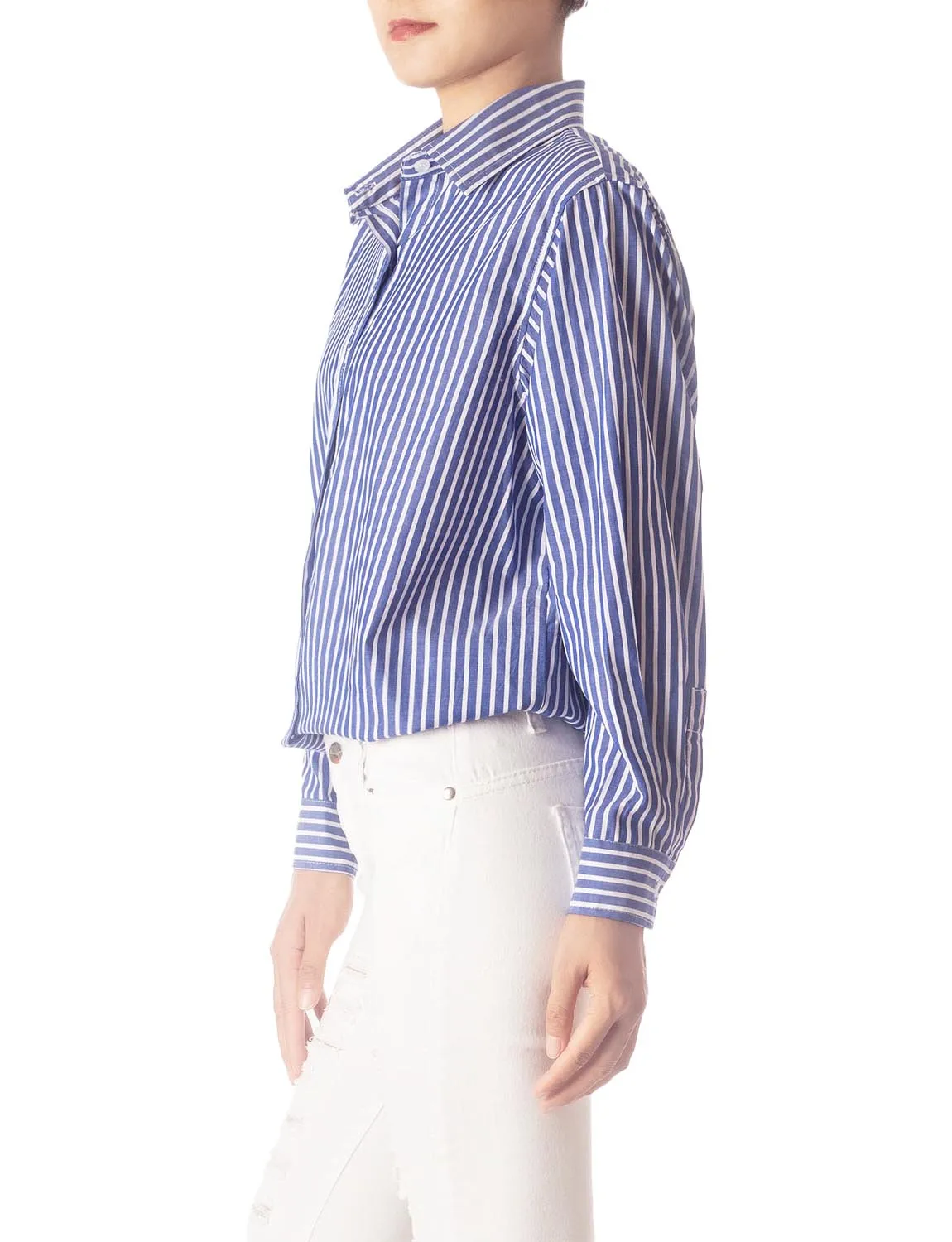 iB-iP Women's Navy Stripes Cotton Button Long Sleeve Shirt