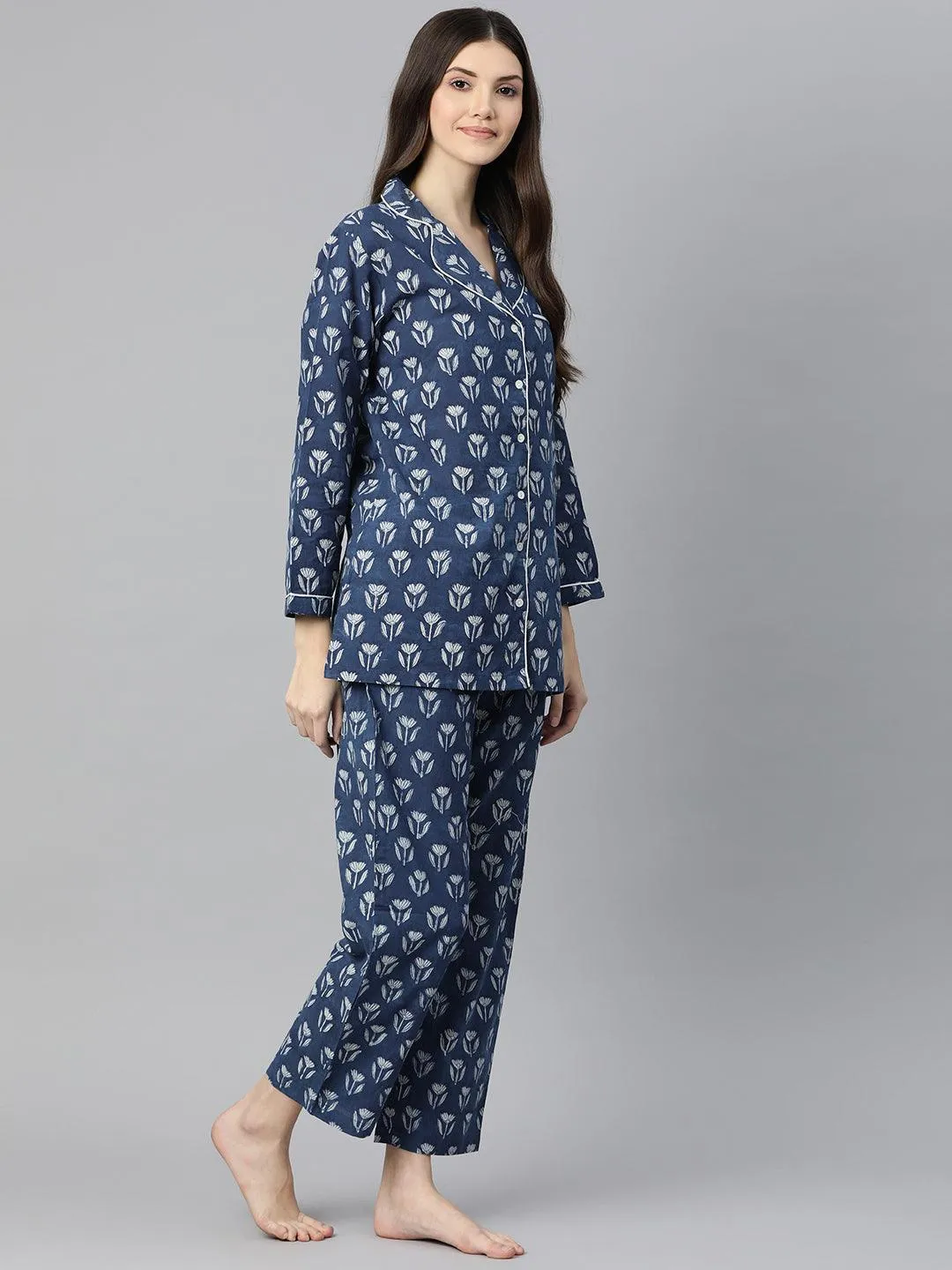 Indigo Hand Block Pure Cotton Night Suit