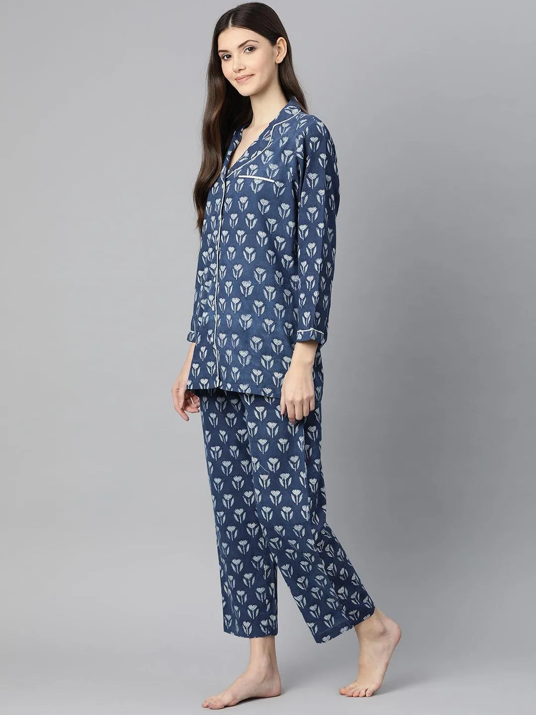Indigo Hand Block Pure Cotton Night Suit