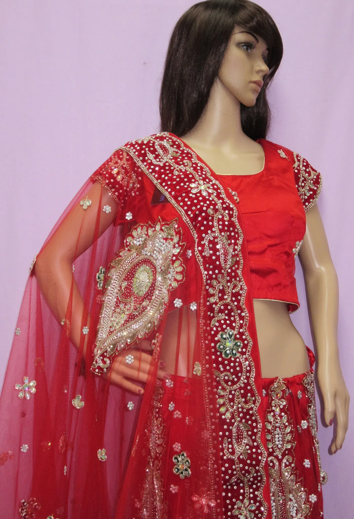 Lehenga 7458 Red Net Indian Trousseau Bridal Wear Medium Lehenga Choli