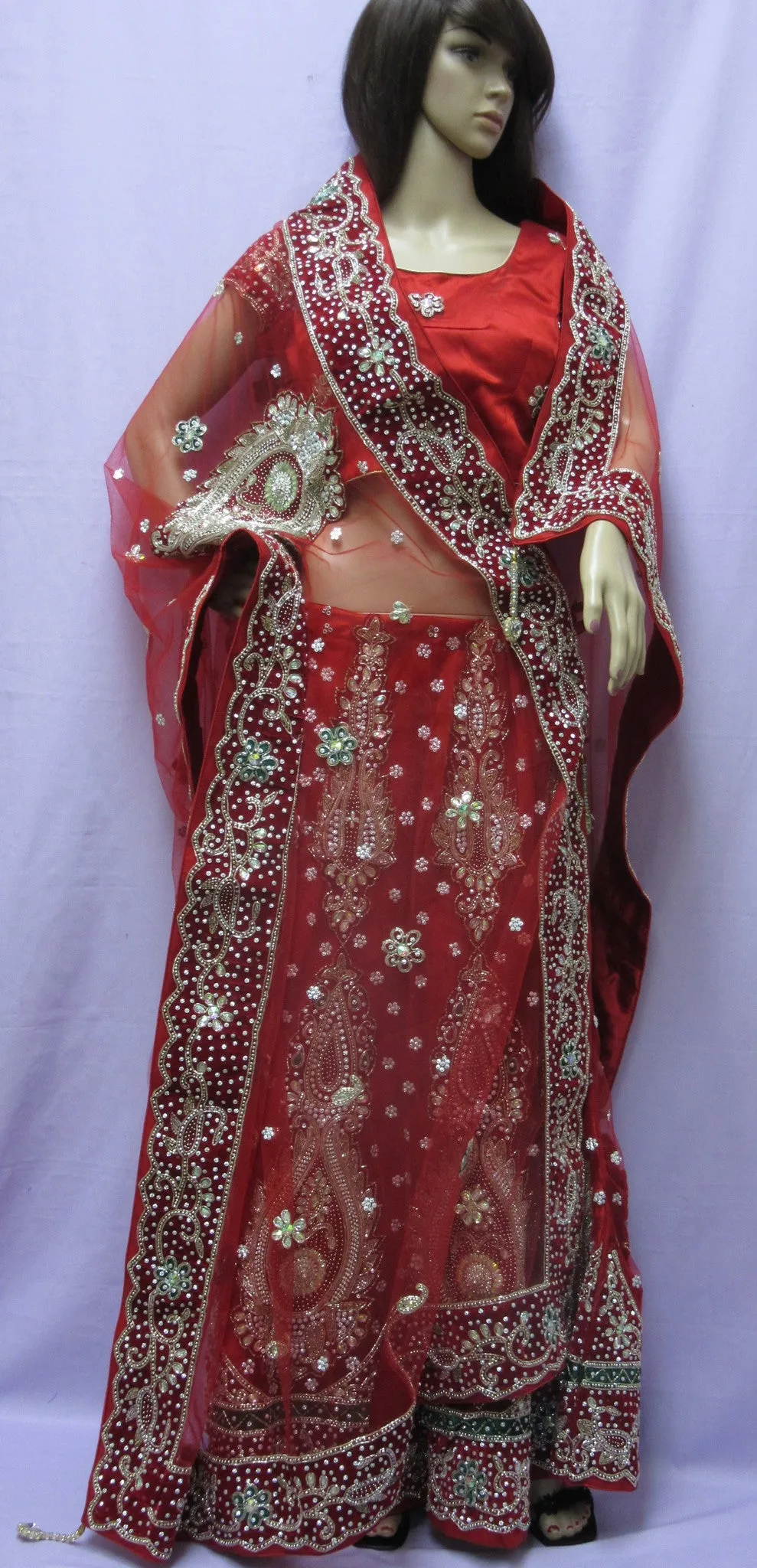 Lehenga 7458 Red Net Indian Trousseau Bridal Wear Medium Lehenga Choli