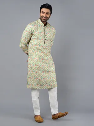 Lemon Green Printed Regular Fit Kurta | TULA