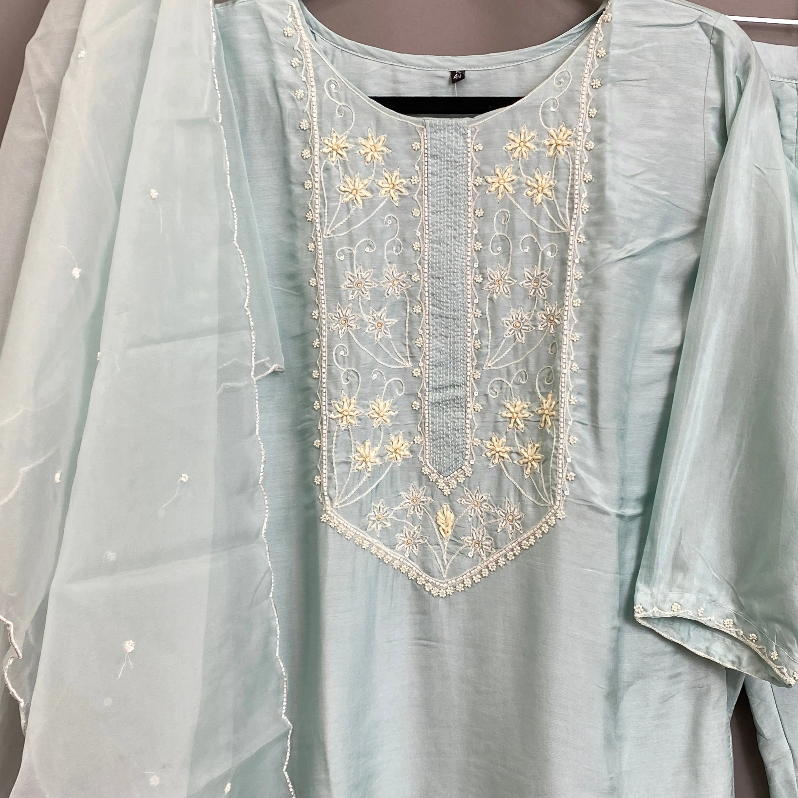 Light Blue Handwork Kurta, Pant and Dupatta set