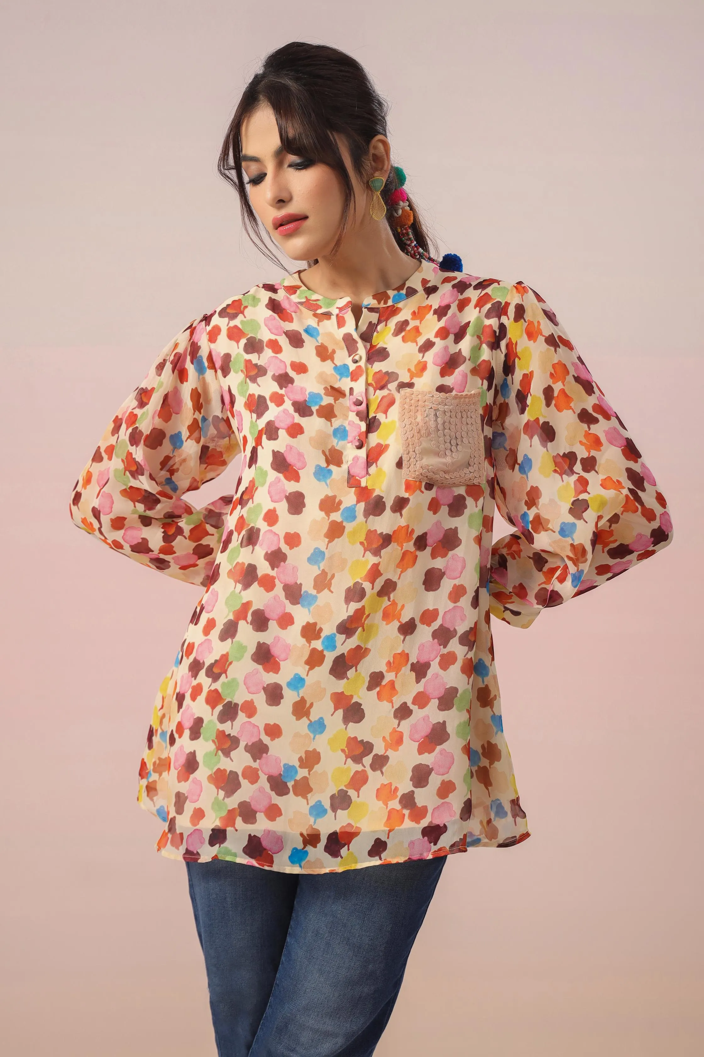 Light Peach Digital Printed Organza Silk Short Top