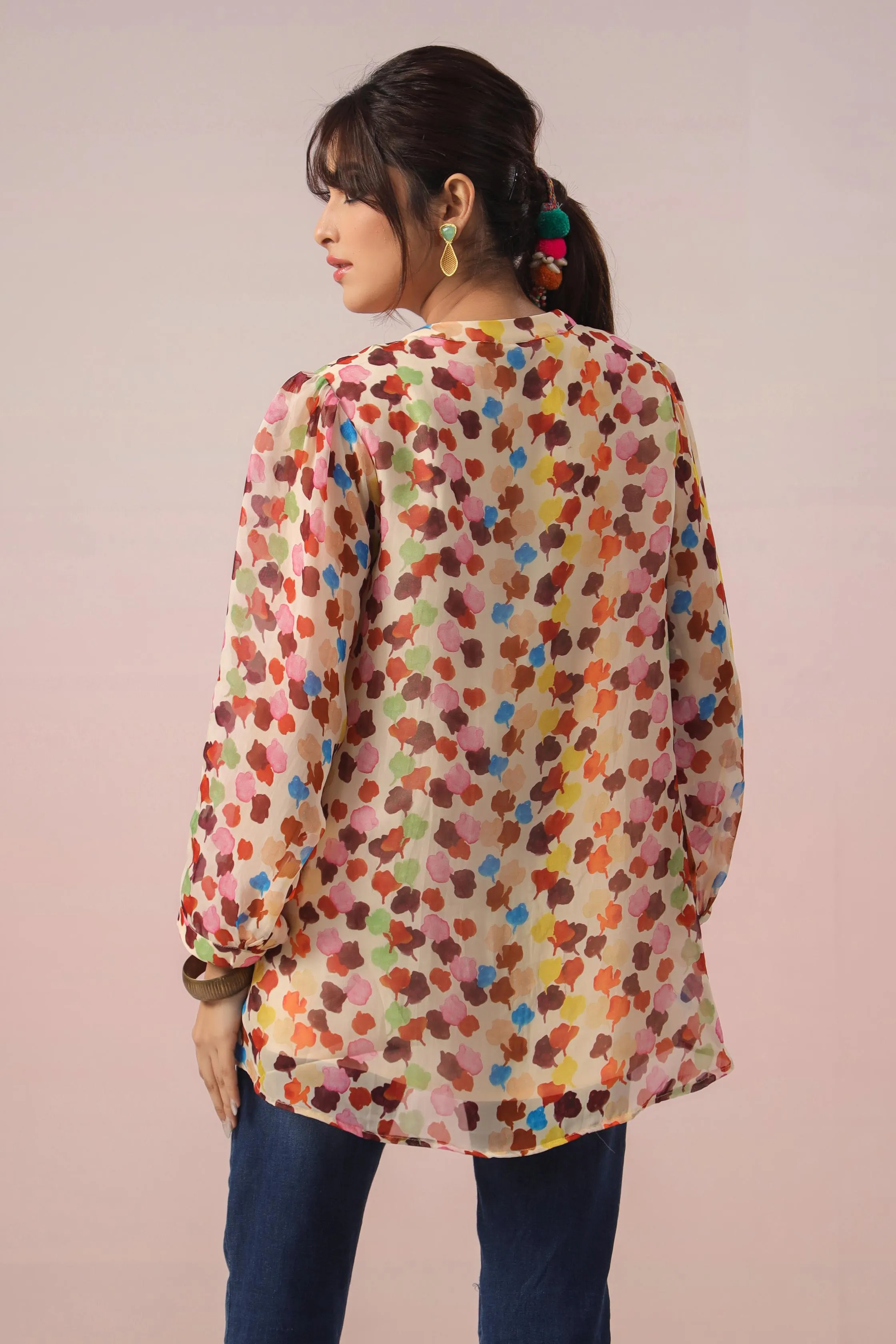 Light Peach Digital Printed Organza Silk Short Top