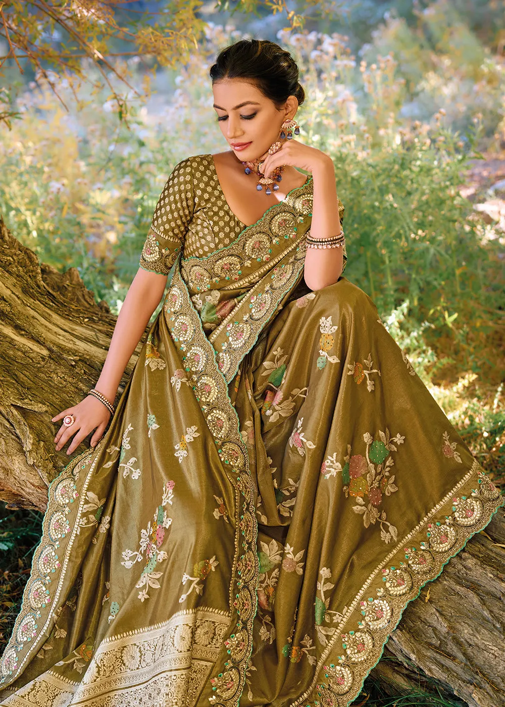 Mehndi Green Banarasi Pure Zari Fabric Designer Saree