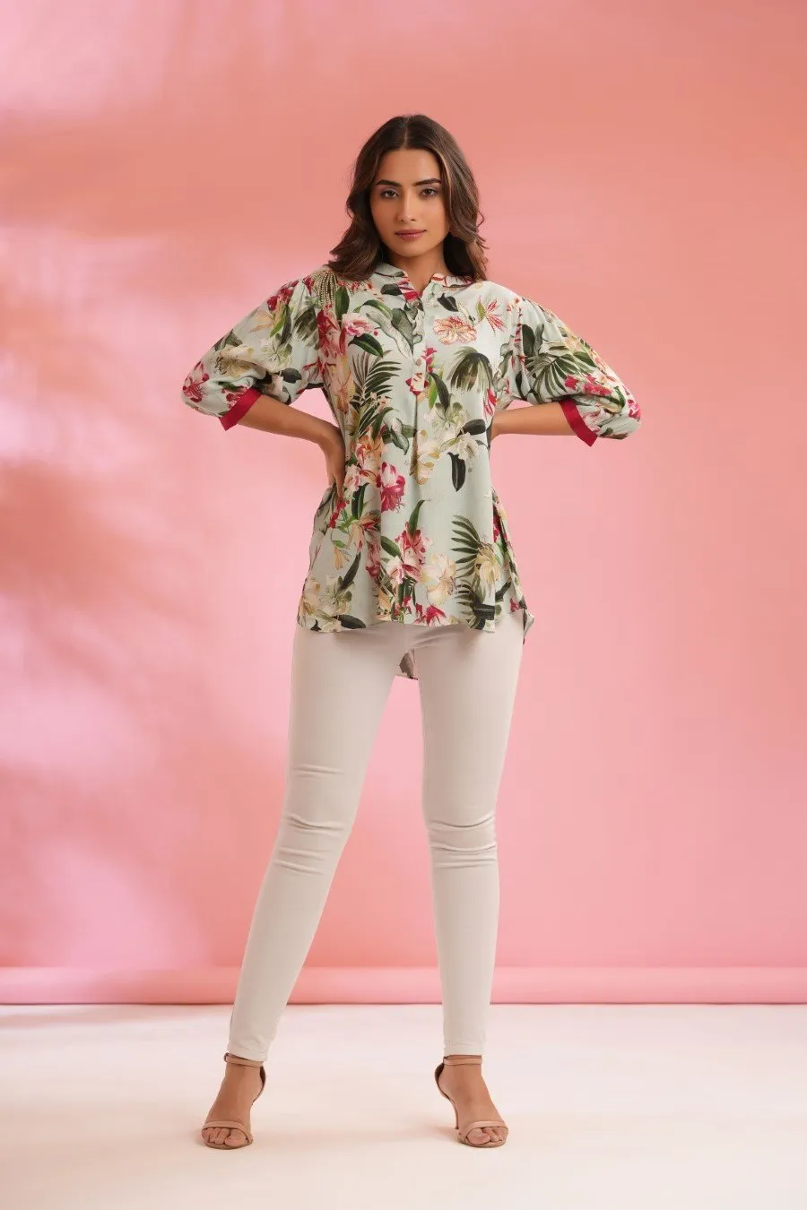 Mint Green Tropical Crepe Silk Top