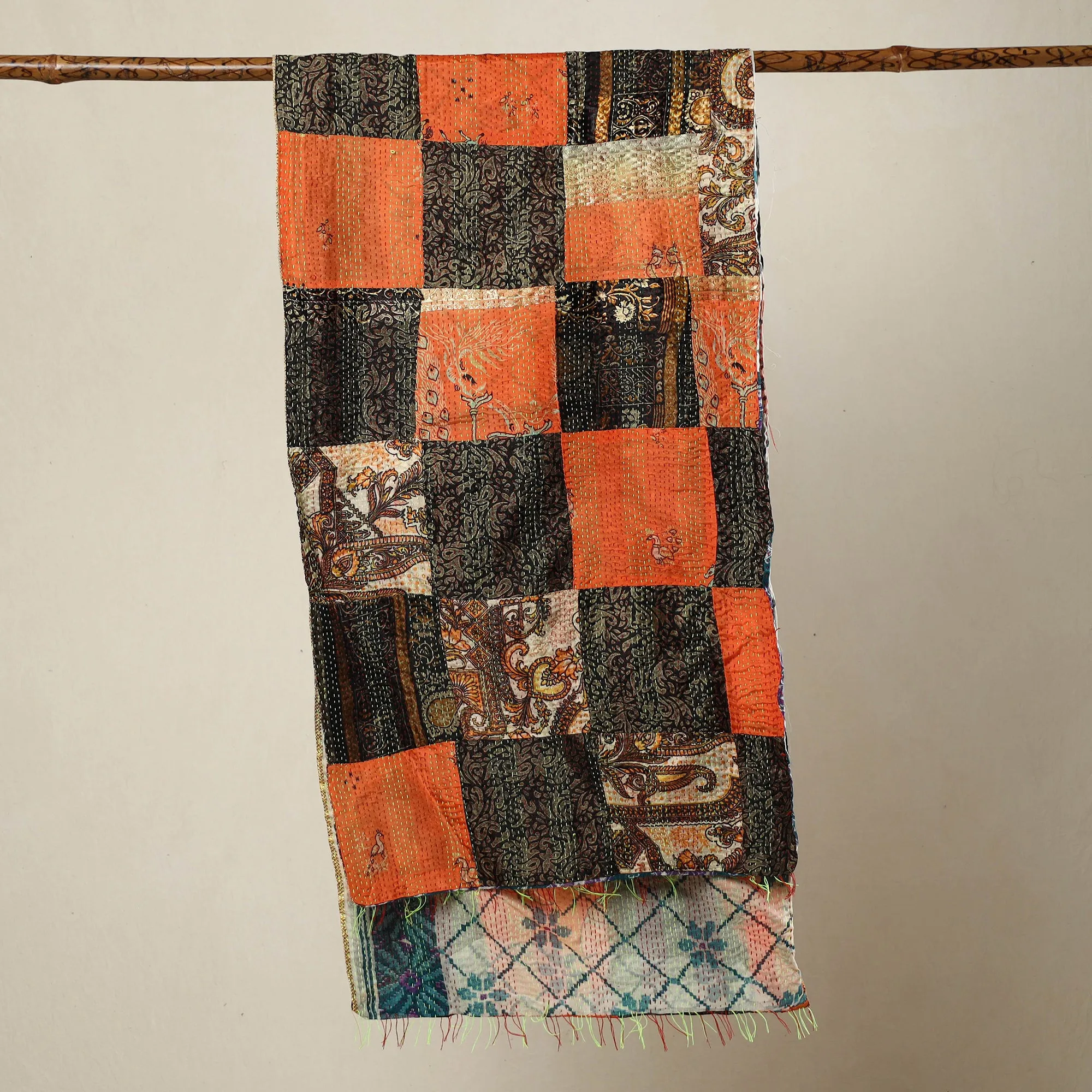 Multicolor - Bengal Kantha Embroidery Patchwork Reversible Silk Stole 11