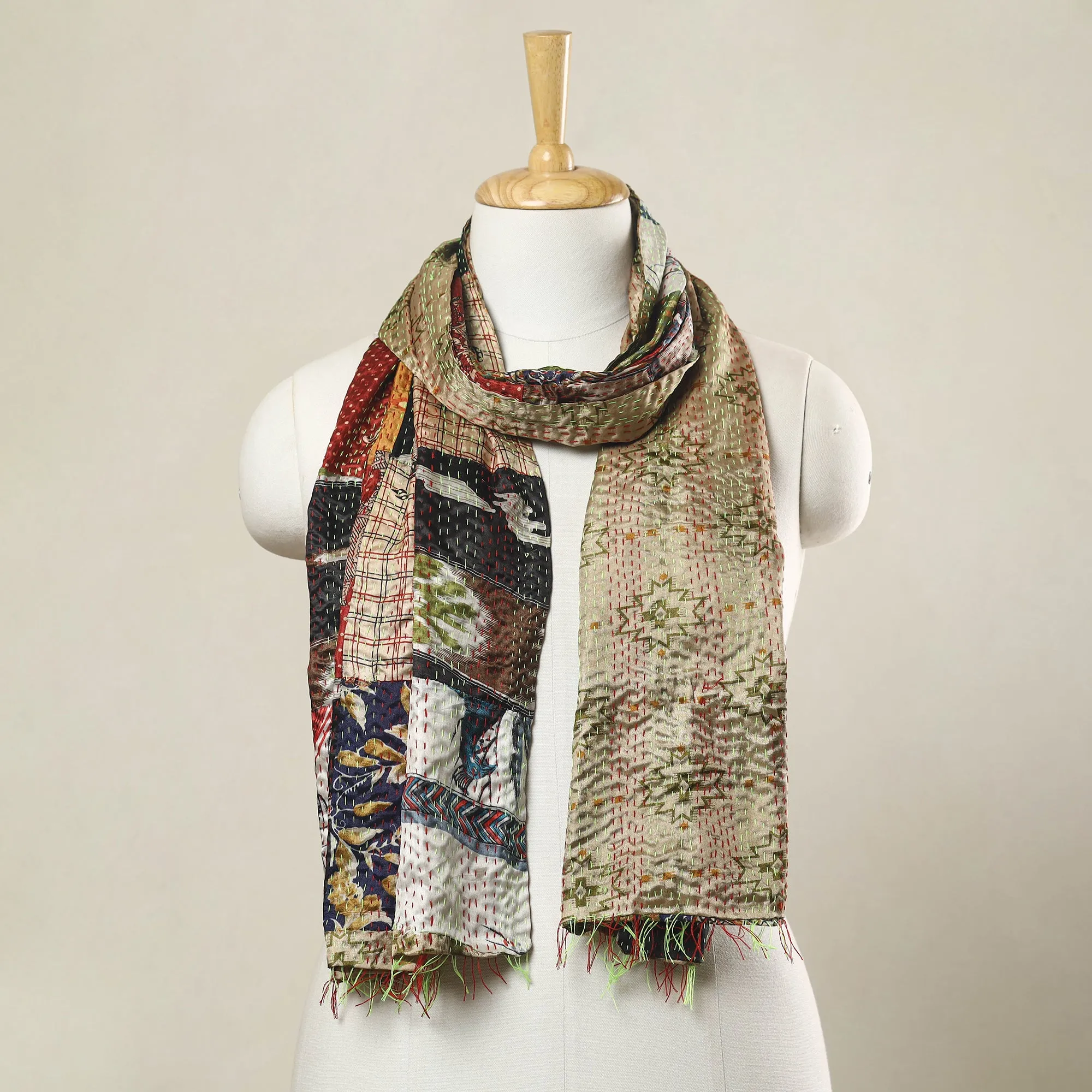 Multicolor - Bengal Kantha Embroidery Patchwork Reversible Silk Stole 19