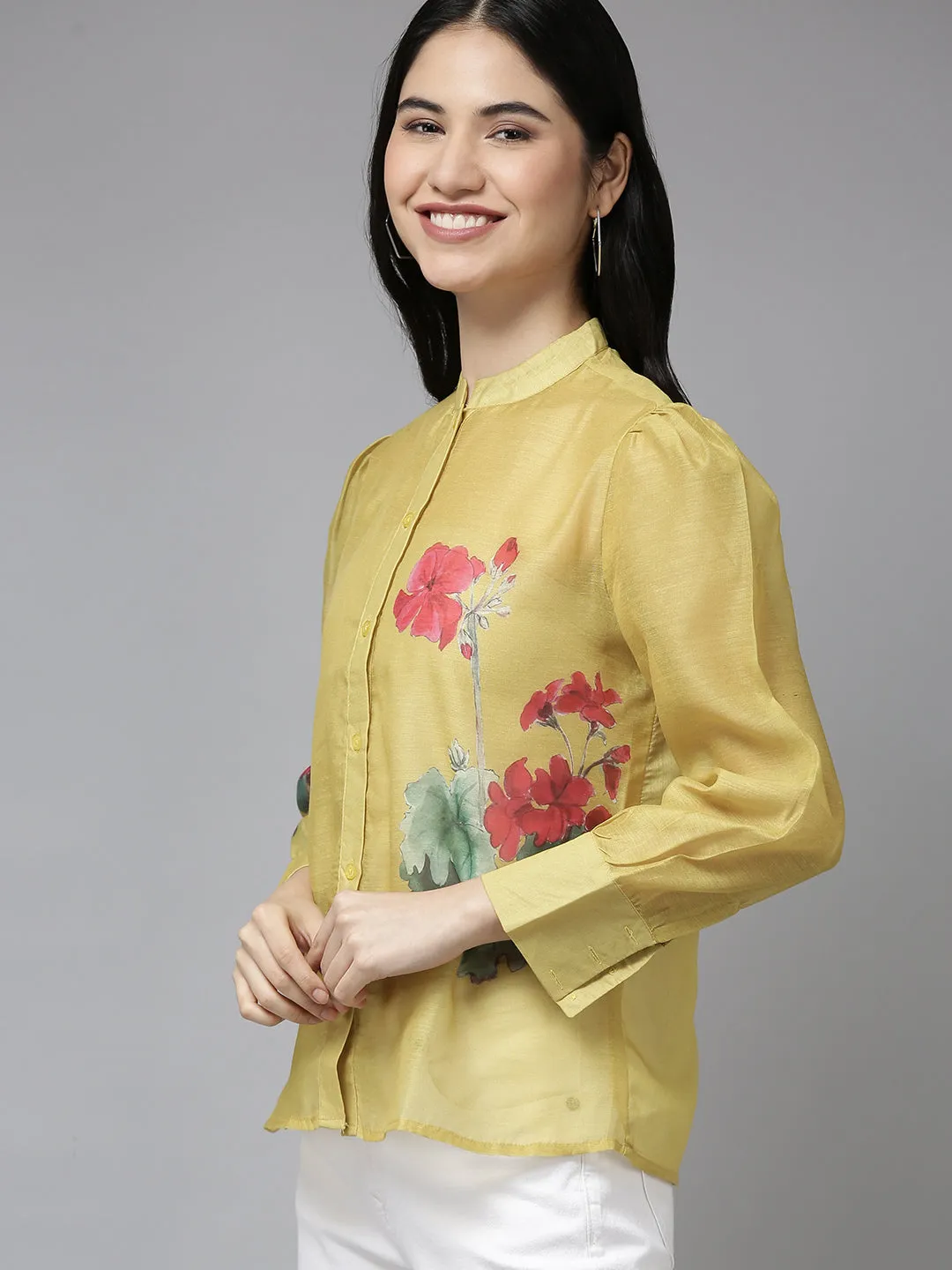 Mustard Yellow & Red Floral Print Shirt Style Top
